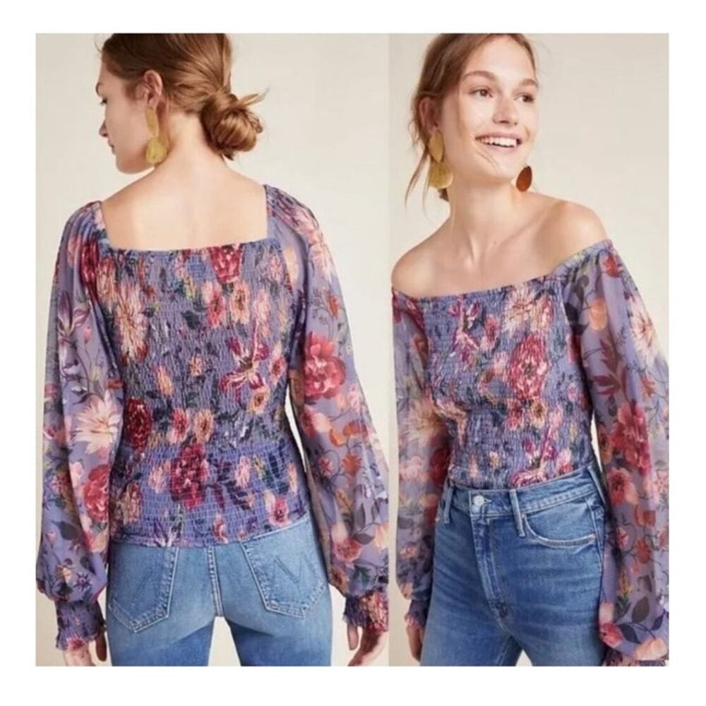 Anthropologie Periwinkle Floral Long Sleeve Top Blouse Ruched Smock Size Small